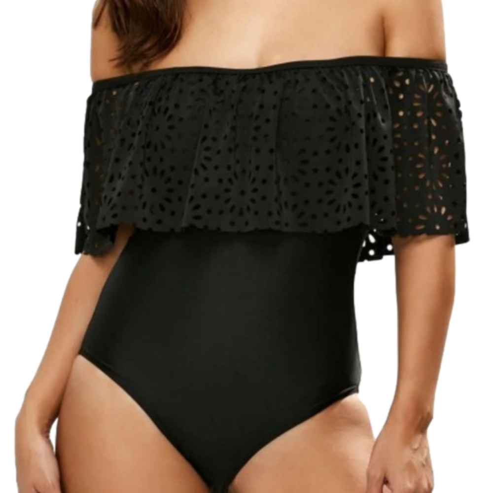 𝅺Tempt Me Swimsuit One Piece Black Laser Cut Off The Shoulder Size Medium